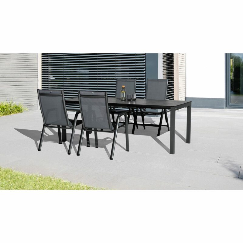Kettler "Cirrus" Klapp- & Stapelsessel mit "Cubic" Ausziehtisch inkl. Einlegeplatte, Gestelle Alu anthrazit, Sitz Textil anthrazit-grau, Tischplatte HPL anthrazit, 150/210x95 cm