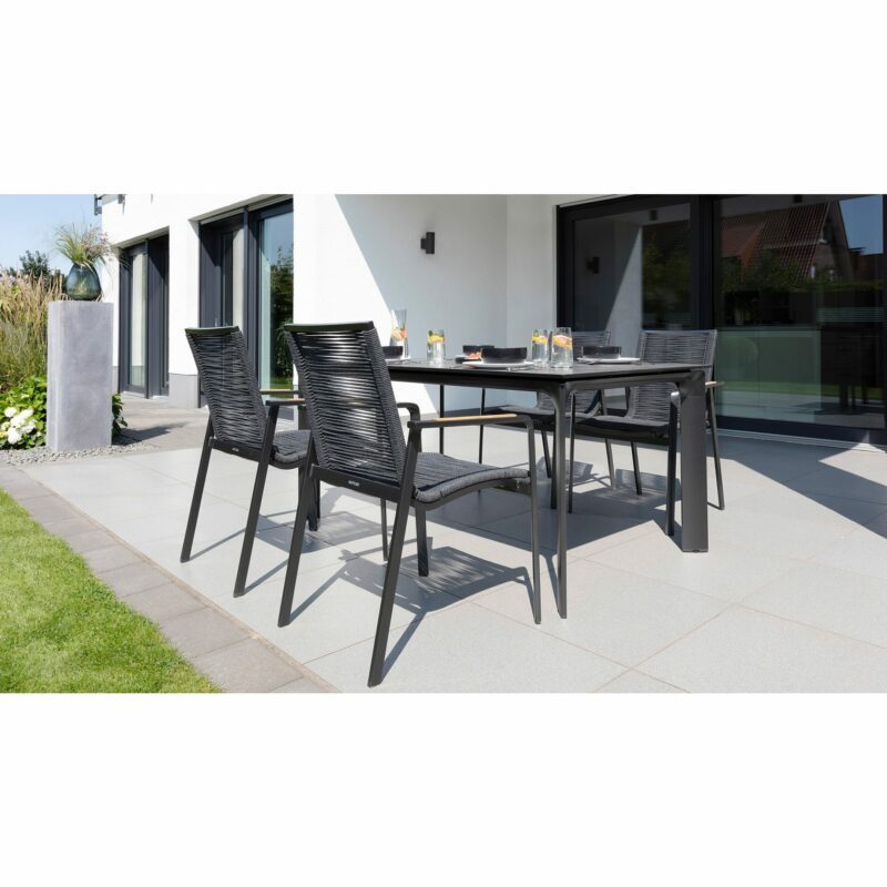 Kettler "Diamond" Rope Stapelsessel, Gestell Aluminium anthrazit, Sitzfläche Rope anthrazit, Armlehnen Teakholz, "Diamond" Gartentisch 160x95 cm, HPL-Tischplatte