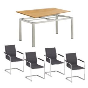 Kettler Gartenmöbel-Set mit 4x Freischwinger "Feel" und Tisch "Cubic" 140x70cm, Edelstahl, Tischplatte Teak