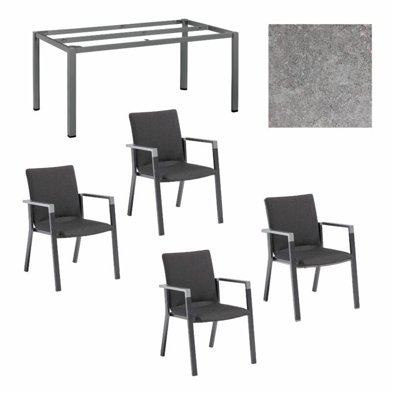 Kettler Gartenmöbel-Set 5-tlg. mit Stapelstuhl "Rasmus" gepolstert Sunbrella sooty und Gartentisch "Cubic" Gestell Alu anthrazit, Tischplatte HPL Kalksandstein