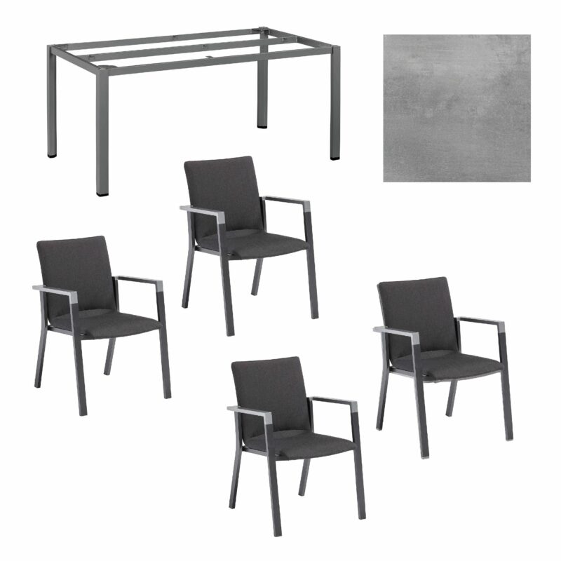 Kettler Gartenmöbel-Set 5-tlg. mit Stapelstuhl "Rasmus" gepolstert Sunbrella sooty und Gartentisch "Cubic" Gestell Alu anthrazit, Tischplatte HPL silber-grau