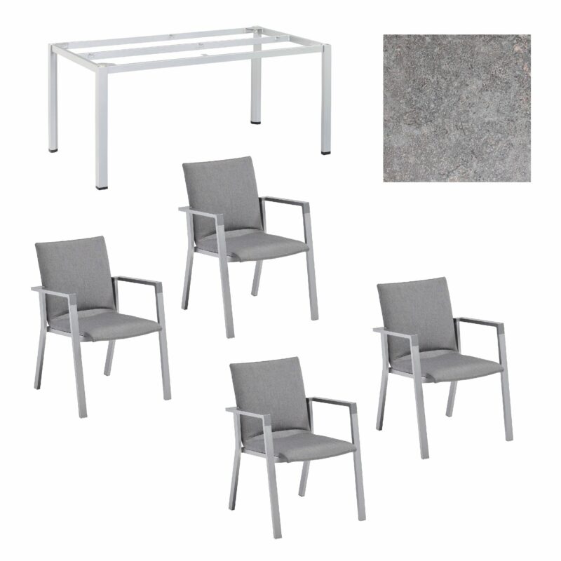 Kettler Gartenmöbel-Set 5-tlg. mit Stapelstuhl "Rasmus" gepolstert Sunbrella flanelle und Gartentisch "Cubic" Gestell Alu silber, Tischplatte HPL Kalksandstein