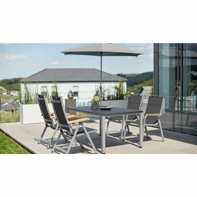 Kettler “Granada Padded“ Multipositionsessel & Stapelsessel, “Cubic“ Gartentisch 160x95 cm, Gestelle Alu silber, Sitzfläche anthrazit meliert, Tischplatte Kettalux-Plus anthrazit (Schieferoptik)