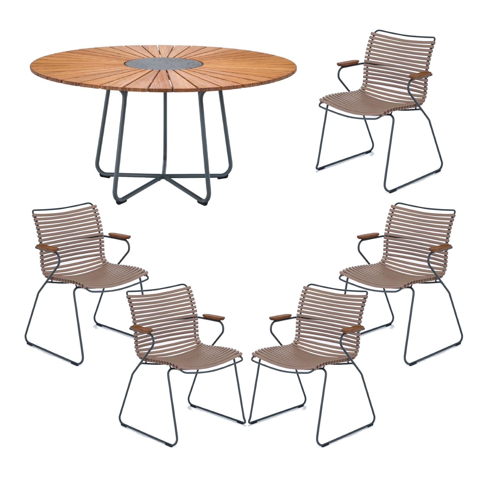 Houe Gartenmöbel-Set mit Tisch "Circle" Ø 150 cm und 5x Stapelsessel "Click", Lamellen sand, Tischplatte Bambus