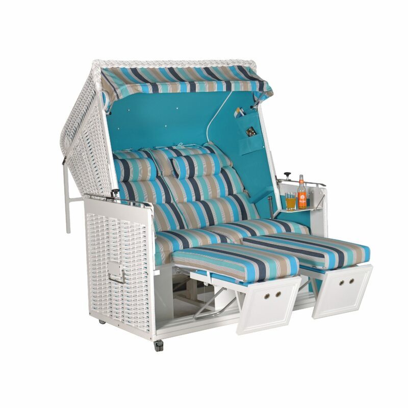 Strandkorb "Präsident Alu" 2-Sitzer-XL von SonnenPartner, Korpus Alu weiß, Geflecht weiß, Dessin Ocean und Nr. 717