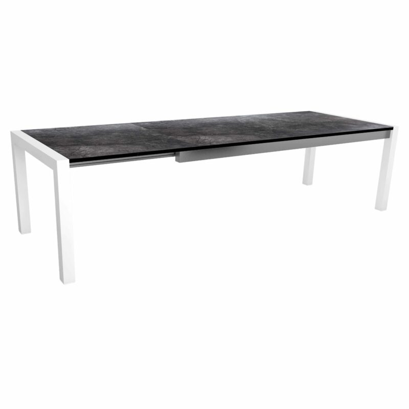 Stern "Standard" Ausziehtisch, Gestell Aluminium weiß, Tischplatte HPL Dark Marble, 214/254/294x100 cm