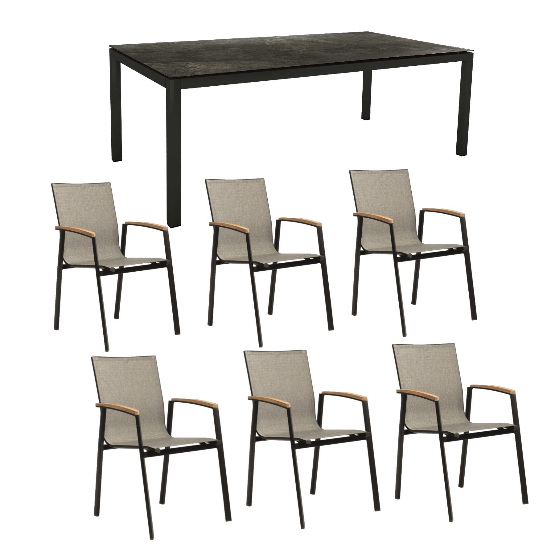 Stern Gartenmöbel-Set mit Stuhl "New Top“ und Gartentisch Aluminium/HPL, Gestelle Aluminium schwarz matt, Sitz Textil Leinen grau, Tischplatte HPL Dark Marble