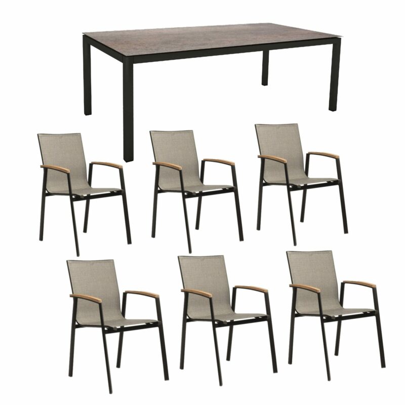 Stern Gartenmöbel-Set mit Stuhl "New Top“ und Gartentisch Aluminium/HPL, Gestelle Aluminium schwarz matt, Sitz Textil Leinen grau, Tischplatte HPL Smoky