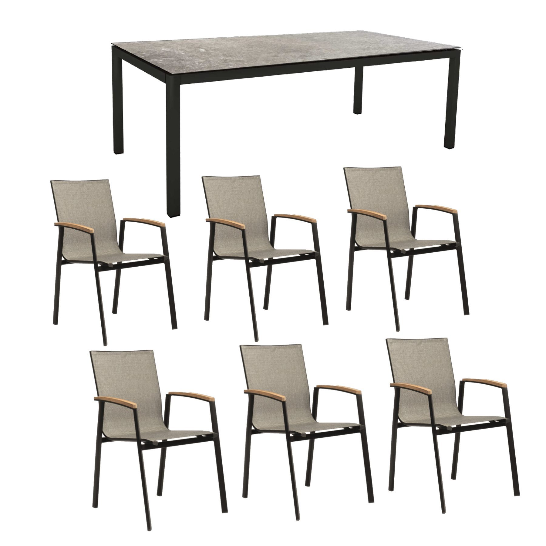 Stern Gartenmöbel-Set mit Stuhl "New Top“ und Gartentisch Aluminium/HPL, Gestelle Aluminium schwarz matt, Sitz Textil Leinen grau, Tischplatte HPL Vintage Stone