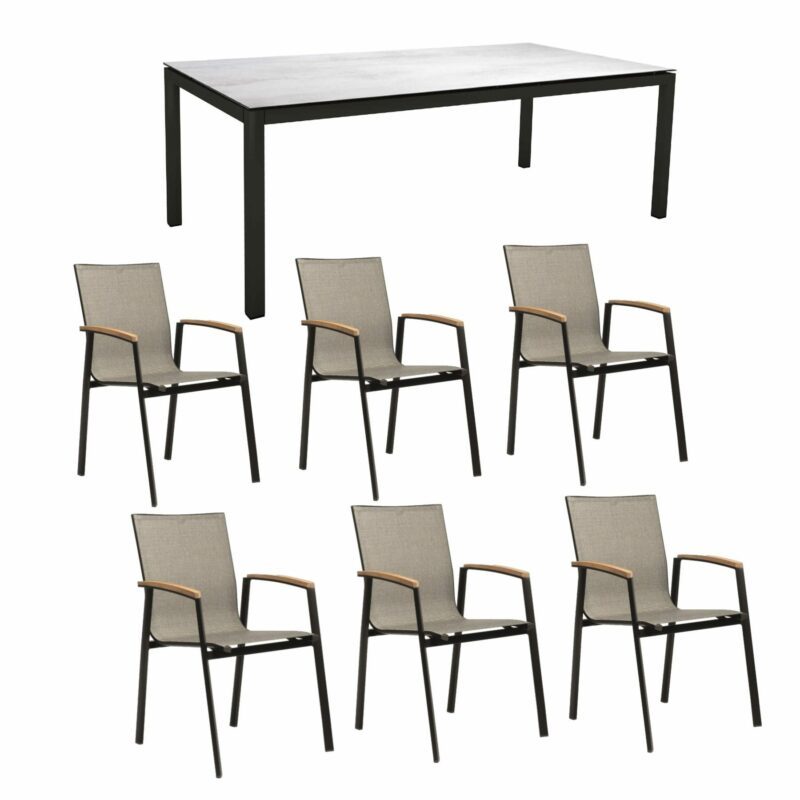 Stern Gartenmöbel-Set mit Stuhl "New Top“ und Gartentisch Aluminium/HPL, Gestelle Aluminium schwarz matt, Sitz Textil Leinen grau, Tischplatte HPL Zement hell