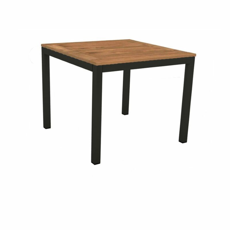 Stern Tischsystem, Gestell Aluminium schwarz matt, Tischplatte Teakholz, Größe: 90x90 cm