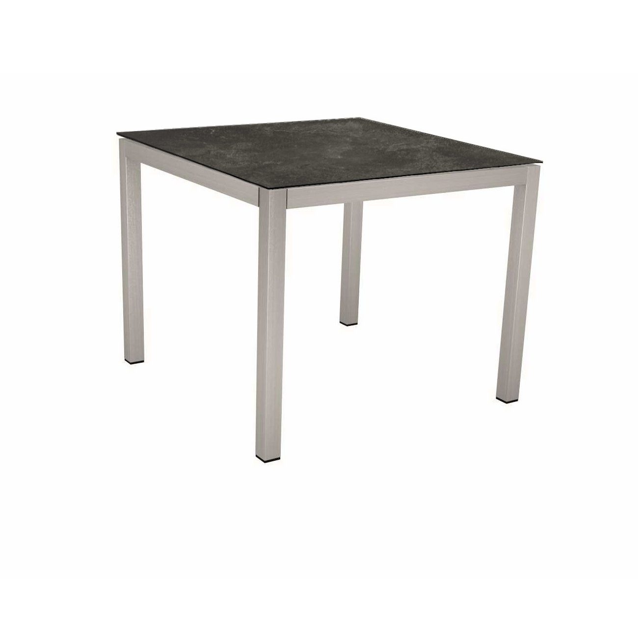 Stern Tischsystem, Gestell Edelstahl Vierkantrohr, Tischplatte HPL Slate, 80x80 cm