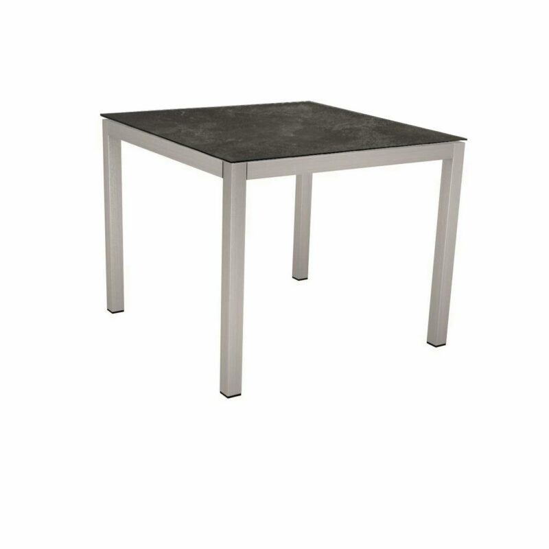 Stern Tischsystem, Gestell Edelstahl Vierkantrohr, Tischplatte HPL Slate, 90x90 cm