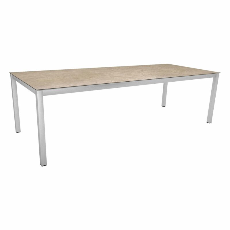 Stern Tischsystem, Gestell Edelstahl Vierkantrohr, Tischplatte HPL Vintage Shell, 250x100 cm