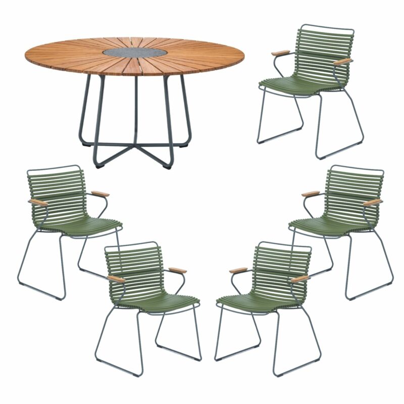 Houe Gartenmöbel-Set mit Tisch "Circle" Ø 150 cm und 5x Stapelsessel "Click", Lamellen olivgrün, Tischplatte Bambus
