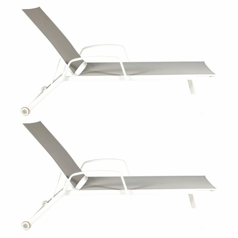 Jati&Kebon "Hydra" Sonnenliege mit Armlehnen 2er-Set, Gestell Aluminium weiß, Textilgewebe hellgrau