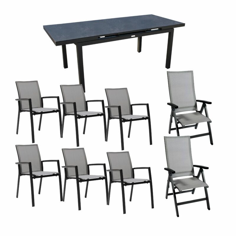 Jati&Kebon Gartenmöbel-Set mit Tisch "Gabon", Tischplatte HPL, Stapelstuhl "Sevilla" und Klappsessel "Tinos", Aluminium eisengrau