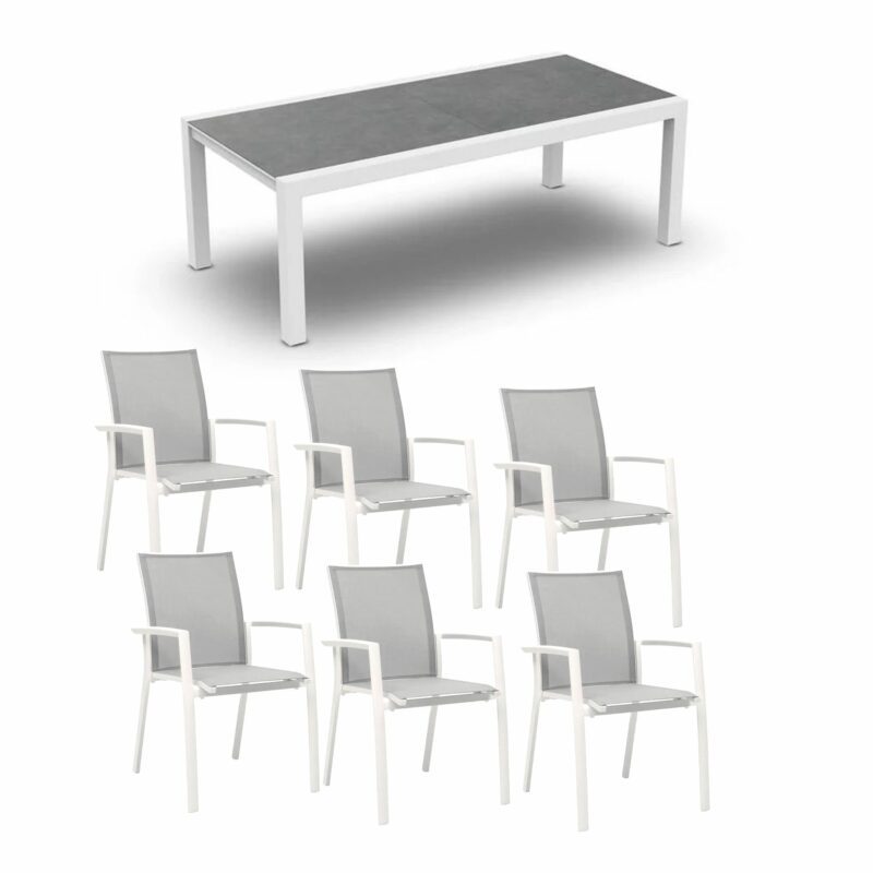 Jati&Kebon Gartenmöbel-Set mit Stapelstuhl "Sevilla" und Ausziehtisch "Livorno", Alu weiß, Tischplatte Keramik Zement hell
