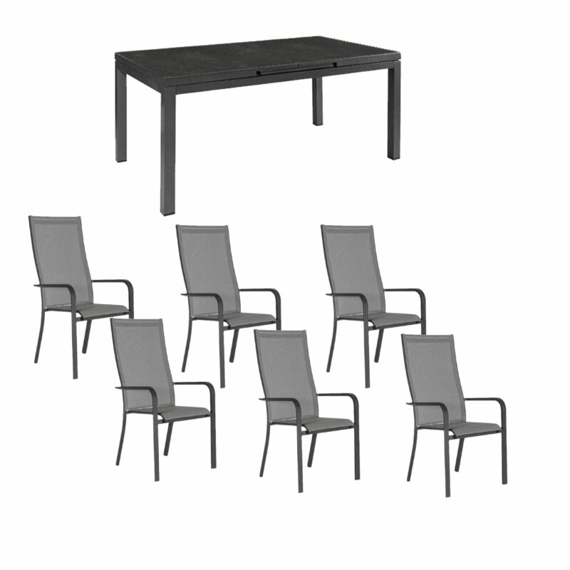 Jati&Kebon Gartenmöbel-Set mit Hochlehner "Dransy" und AZ-Tisch "Gabon" 160/210x90 cm, Alu eisengrau, HPL nero granite
