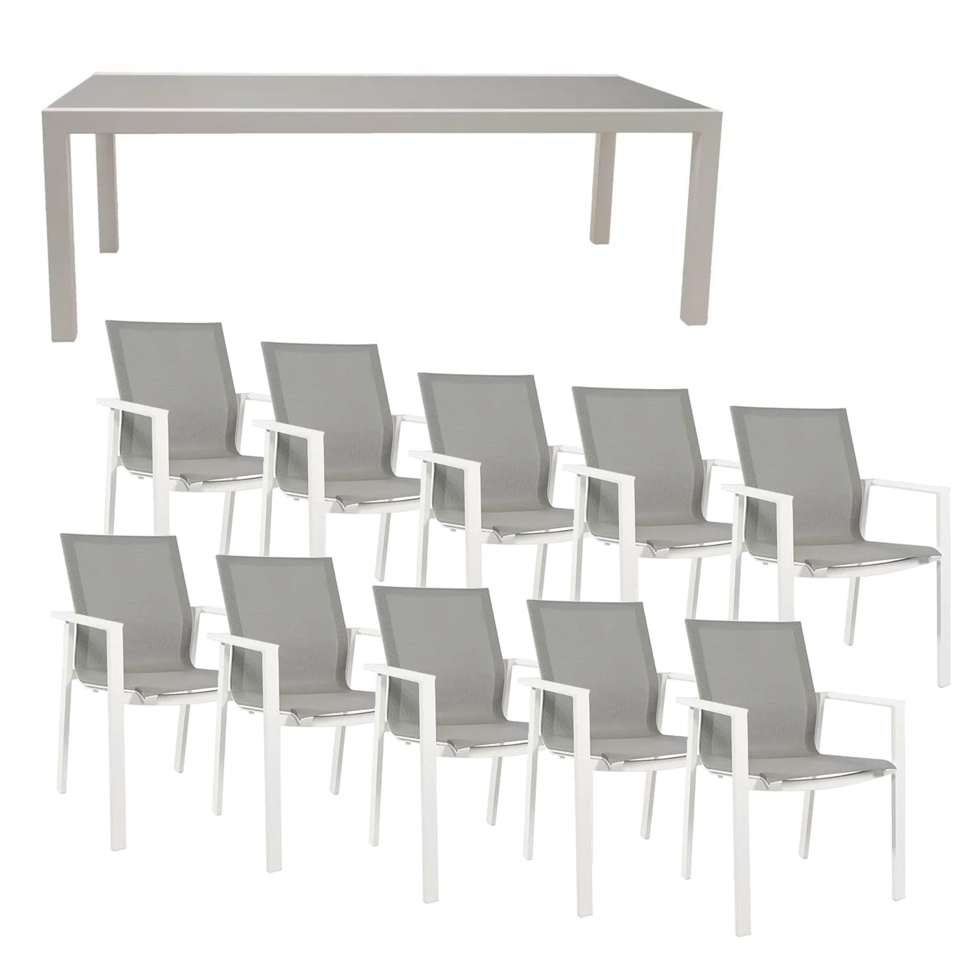 Jati&Kebon Gartenmöbel-Set 11-tlg. mit Stuhl "Beja" und Ausziehtisch "Livorno", Gestelle Aluminium weiß, Sitzfläche Textil hellgrau, Tischplatte Glas hellgrau