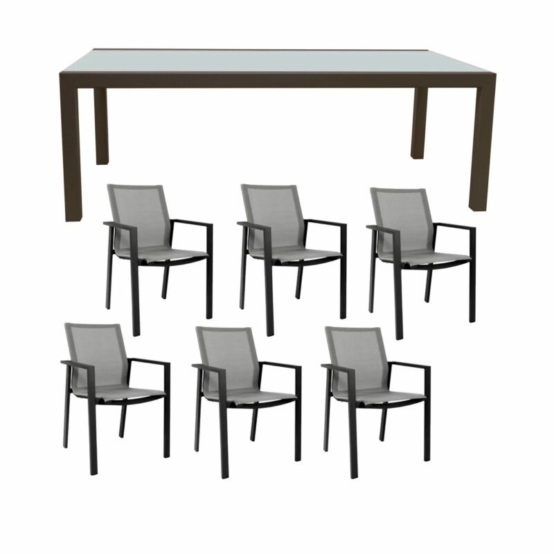 Jati&Kebon Gartenmöbel-Set 7-tlg. mit Stuhl "Beja" und Ausziehtisch "Livorno", Gestelle Aluminium eisengrau, Sitzfläche Textil silbergrau, Tischplatte Glas hellgrau