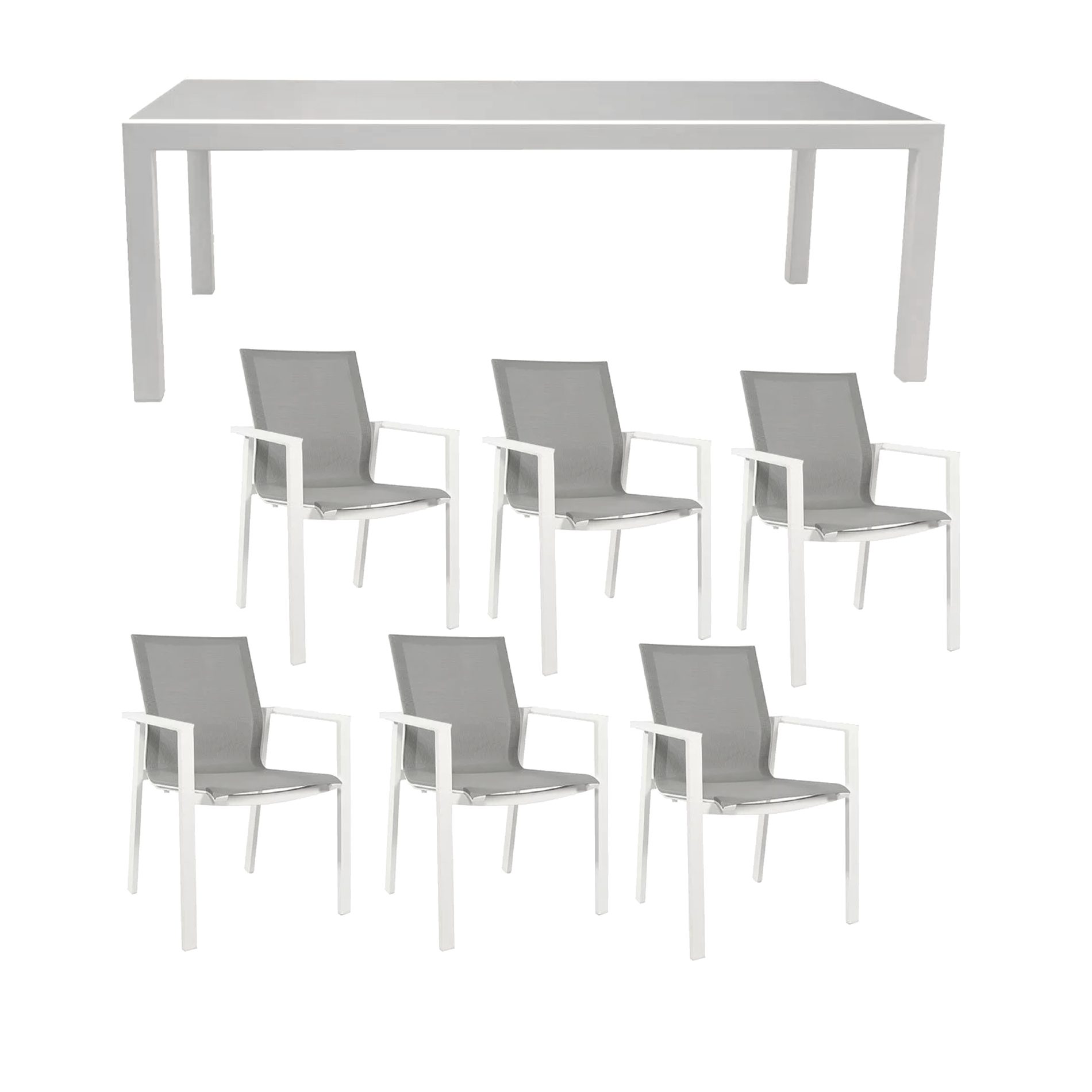 Jati&Kebon Gartenmöbel-Set mit Ausziehtisch "Livorno", Alu weiß, Tischplatte Glas hellgrau und sechs Stühlen "Beja", Alu weiß, Textilen hellgrau