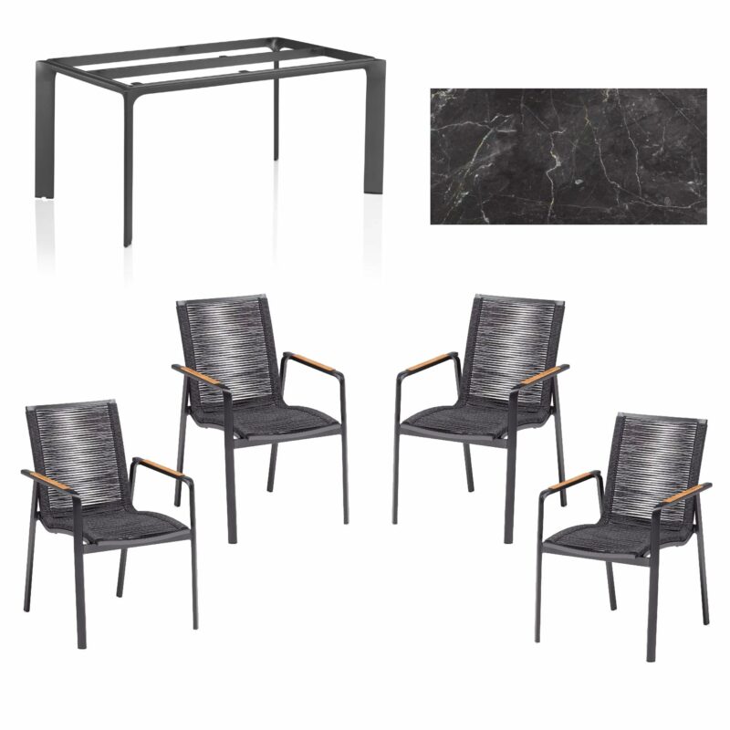 Kettler "Diamond" Stapelsessel, Rope anthrazit und Gartentisch, Alu anthrazit, HPL Marmor grau