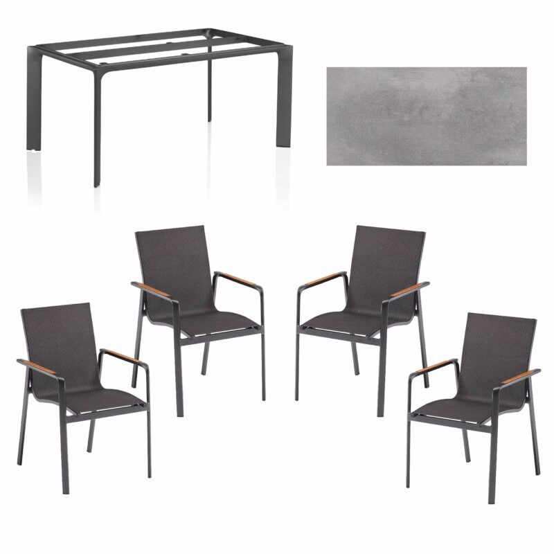 Kettler "Diamond" Stapelsessel, Twitchell charcoal und Gartentisch, Alu anthrazit, HPL silber-grau