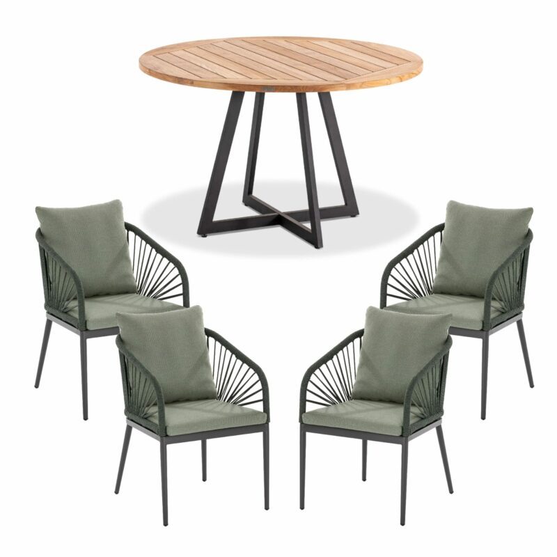 Niehoff "Milan" Gartentisch, Gestell Stahl anthrazit, Tischplatte Teakholz, mit Stuhl "Pino", Gestell Aluminium anthrazit, Rope-Bespannung grün, Kissen Olefin grün