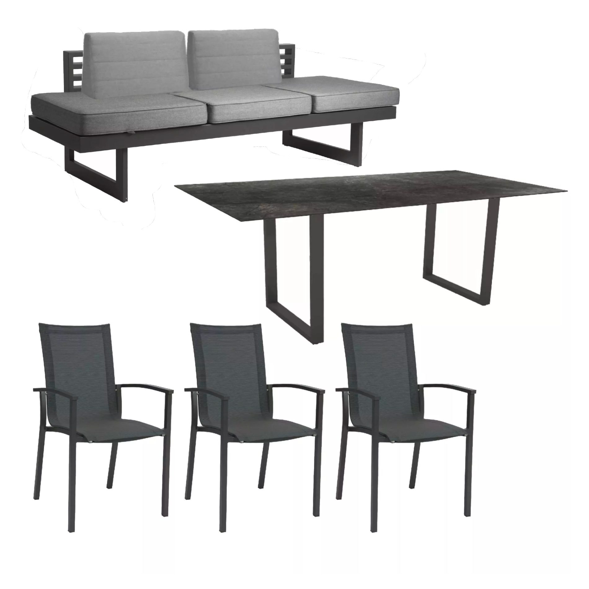 Stern "Evoee/New Holly Dining" Set mit Tisch 200x100 cm, Gestell Aluminium anthrazit, Sitzfläche Textil karbon, Polster seidengrau, Tischplatte HPL Dark Marble