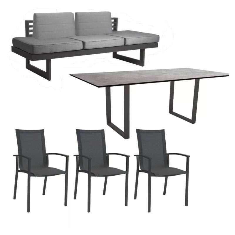 Stern "Evoee/New Holly Dining" Set mit Tisch 200x100 cm, Gestell Aluminium anthrazit, Sitzfläche Textil karbon, Polster seidengrau, Tischplatte HPL Metallic Grau