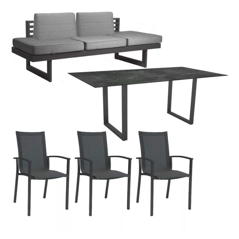 Stern "Evoee/New Holly Dining" Set mit Tisch 200x100 cm, Gestell Aluminium anthrazit, Sitzfläche Textil karbon, Polster seidengrau, Tischplatte HPL Slate