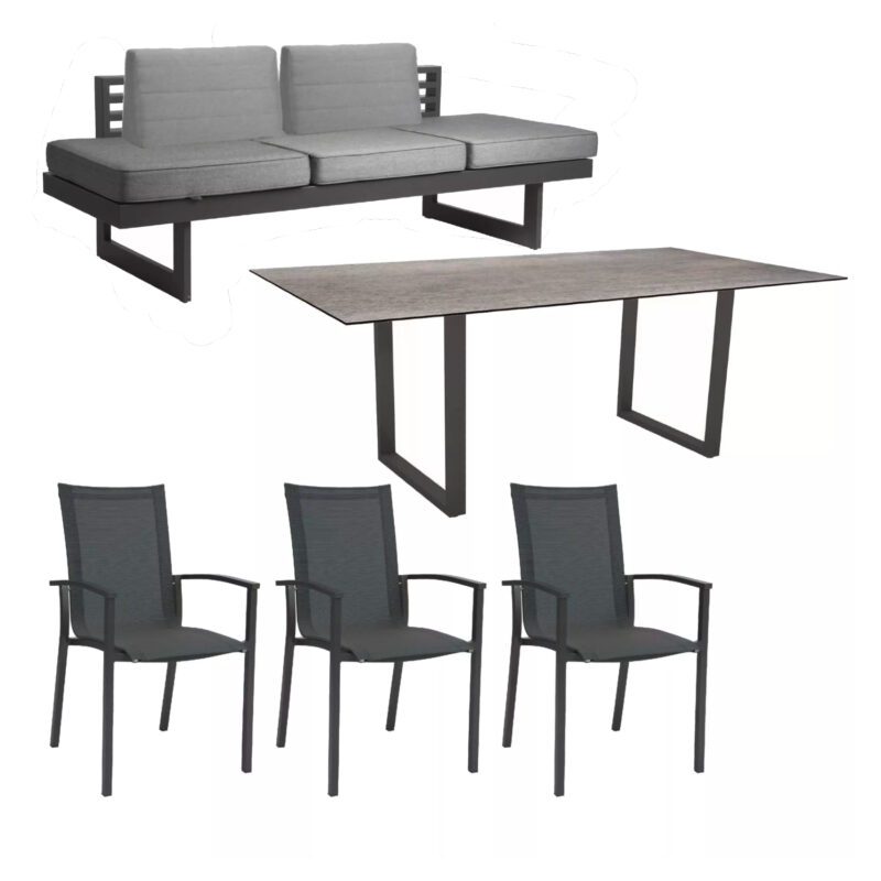 Stern "Evoee/New Holly Dining" Set mit Tisch 200x100 cm, Gestell Aluminium anthrazit, Sitzfläche Textil karbon, Polster seidengrau, Tischplatte HPL Smoky