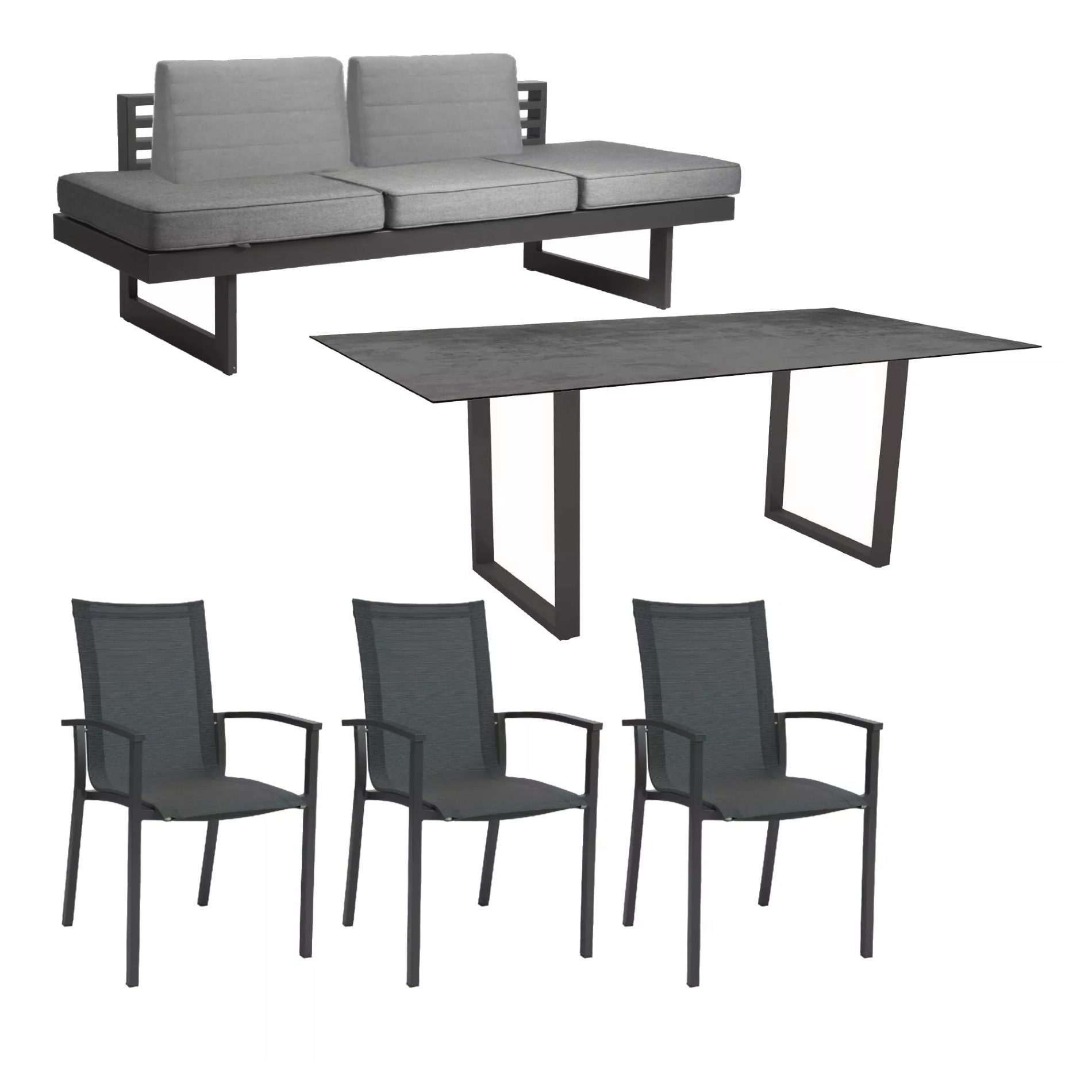 Stern "Evoee/New Holly Dining" Set mit Tisch 200x100 cm, Gestell Aluminium anthrazit, Sitzfläche Textil karbon, Polster seidengrau, Tischplatte HPL Zement