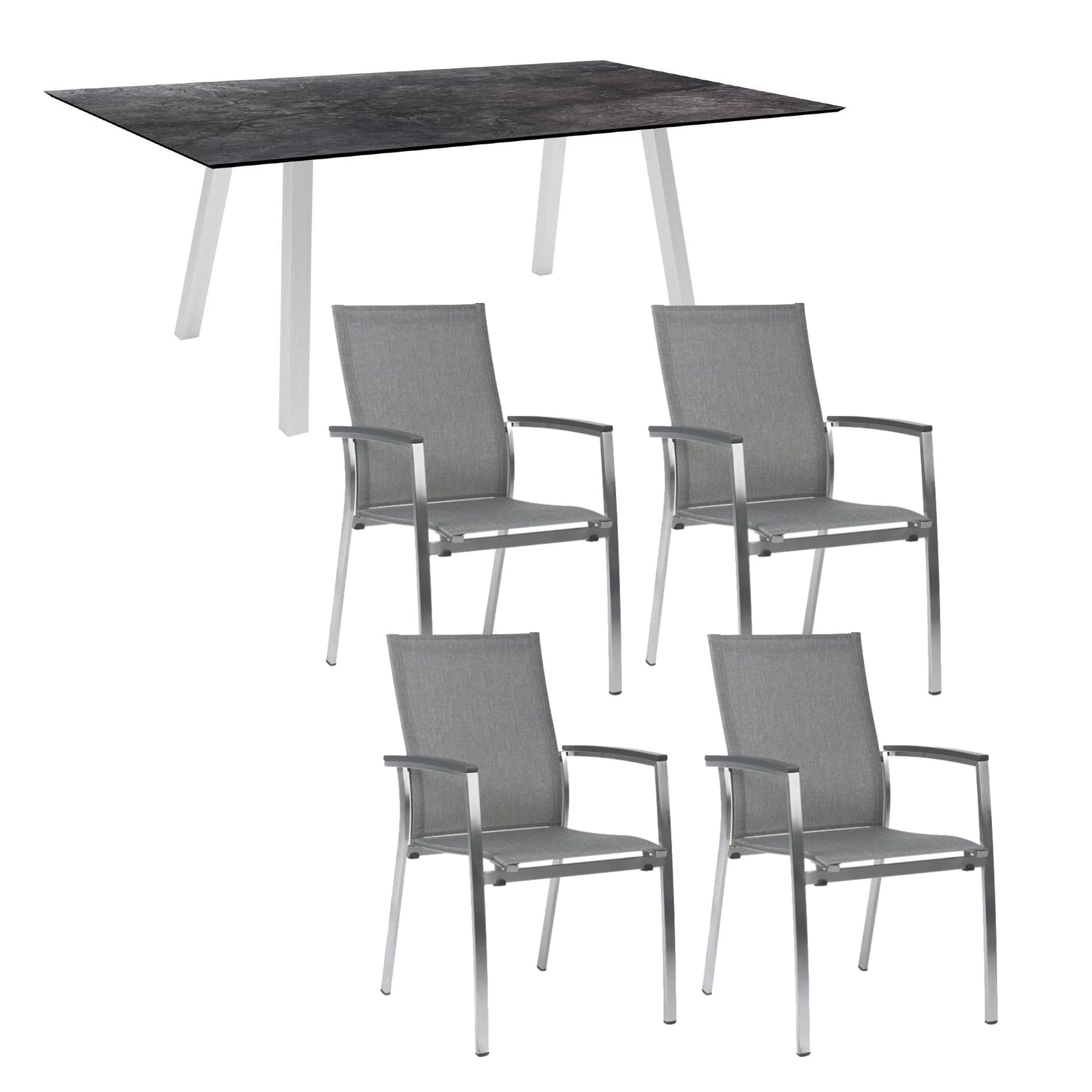 Stern Gartenmöbel-Set mit Stuhl "Mika" und Gartentisch "Interno" 180x100 cm, Gestell Edelstahl, Sitzfläche Textil Leinen grau, Tischplatte HPL Dark Marble
