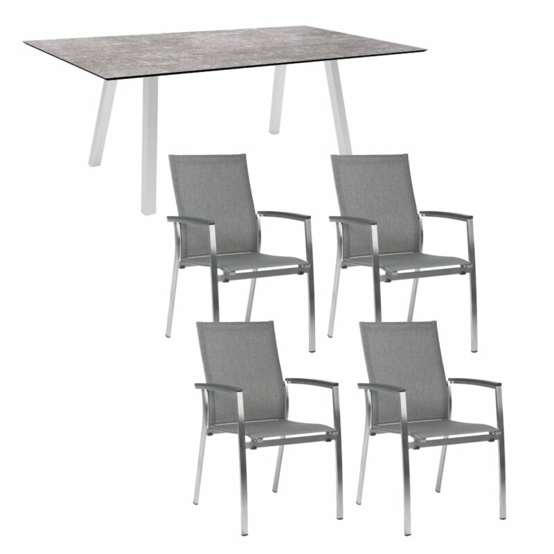 Stern Gartenmöbel-Set mit Stuhl "Mika" und Gartentisch "Interno" 180x100 cm, Gestell Edelstahl, Sitzfläche Textil Leinen grau, Tischplatte HPL Metallic grau