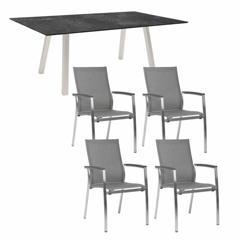 Stern Gartenmöbel-Set mit Stuhl "Mika" und Gartentisch "Interno" 180x100 cm, Gestell Edelstahl, Sitzfläche Textil Leinen grau, Tischplatte HPL Slate