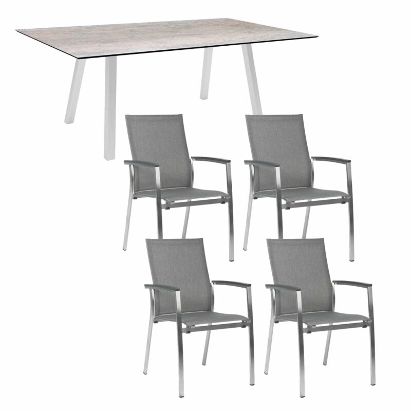 Stern Gartenmöbel-Set mit Stuhl "Mika" und Gartentisch "Interno" 180x100 cm, Gestell Edelstahl, Sitzfläche Textil Leinen grau, Tischplatte HPL Smoky