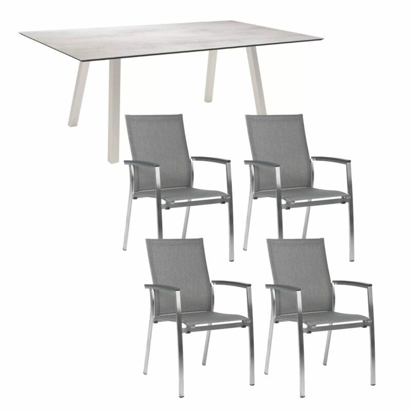 Stern Gartenmöbel-Set mit Stuhl "Mika" und Gartentisch "Interno" 180x100 cm, Gestell Edelstahl, Sitzfläche Textil Leinen grau, Tischplatte HPL Zement hell