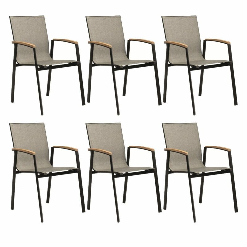 Stern "New Top" Stapelsessel 6er-Set, Gestell Aluminium schwarz matt, Sitzfläche Textilgewebe Leinen grau, Armlehnen Teak