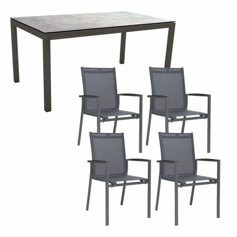 Stern Gartenmöbel-Set mit Stapelsessel "New Levanto" und Gartentisch 160x90 cm, Gestell Aluminium anthrazit, Sitzfläche Textil karbon, Tischplatte HPL Metallic grau