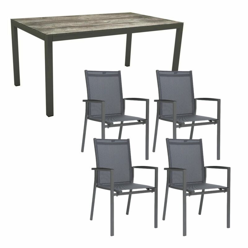 Stern Gartenmöbel-Set mit Stapelsessel "New Levanto" und Gartentisch 160x90 cm, Gestell Aluminium anthrazit, Sitzfläche Textil karbon, Tischplatte HPL Tundra grau