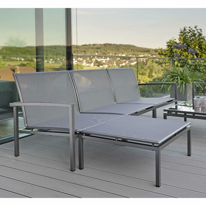 Stern "Skelby" Loungeset, Gestell Aluminium anthrazit, Sitzfläche Textil karbon, Tischplatte Glas dunkelgrau