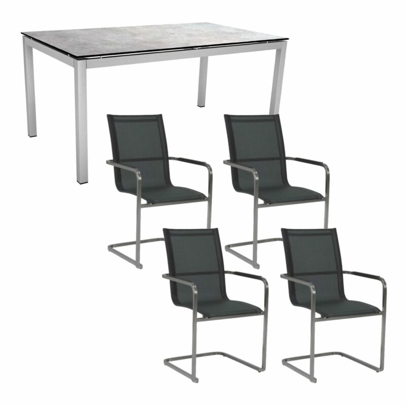 Stern Gartenmöbel-Set mit Freischwinger "Evoee" und Gartentisch 160x90 cm, Gestelle Edelstahl, Sitzfläche Textilen silbergrau, Tischplatte HPL Metallic Grau