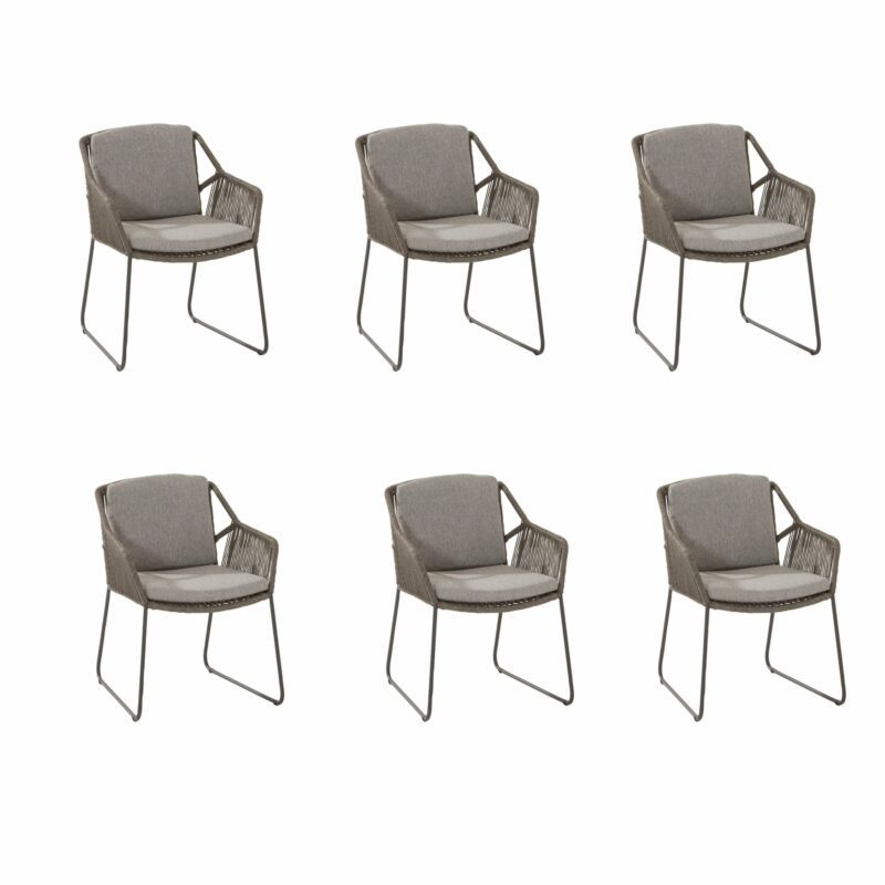 4Seasons 6er-Set Diningsessel "Accor", Gestell Edelstahl anthrazit, Rope mid grey, Kissenset grau