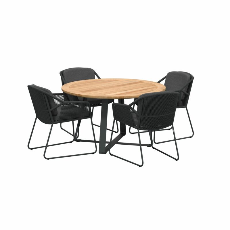 4Seasons Outdoor Tisch "Basso" 130cm, Aluminium anthrazit, Teak, mit Sessel "Accor", Edelstahl anthrazit, Rope anthrazit