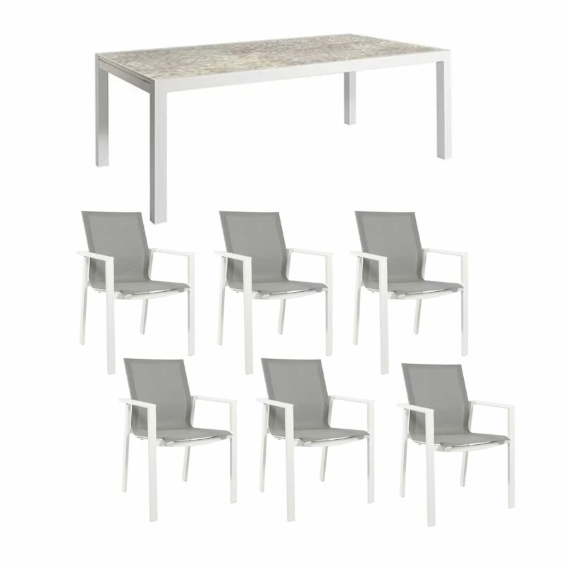 Jati&Kebon Gartenmöbel-Set mit Ausziehtisch "Livorno", Alu weiß, Tischplatte HPL hellgrau und sechs Stühlen "Beja", Alu weiß, Textilen hellgrau