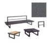 Jati&Kebon "Rao" Loungeset, Gestelle Aluminium eisengrau, Liege, Beistelltisch 70x42 cm mit Teakplatte, 1-Sitzermodul, extra Armlehne, Kissenset Natté charcoal chiné