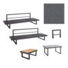 Jati&Kebon "Rao" Loungeset, Gestelle Aluminium eisengrau, Liege, Beistelltisch mit Teakplatte, Kaffeetisch mit Glasplatte, extra Armlehne, Kissenset Natté charcoal chiné