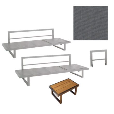 Jati&Kebon "Rao" Loungeset, Gestelle Edelstahl, Liege, Beistelltisch 70x42 cm mit Teakplatte, extra Armlehne, Kissenset Natté charcoal chiné